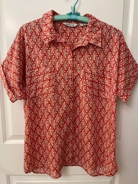 Orvis Coral Red Floral Short-Sleeve Cotton Blouse